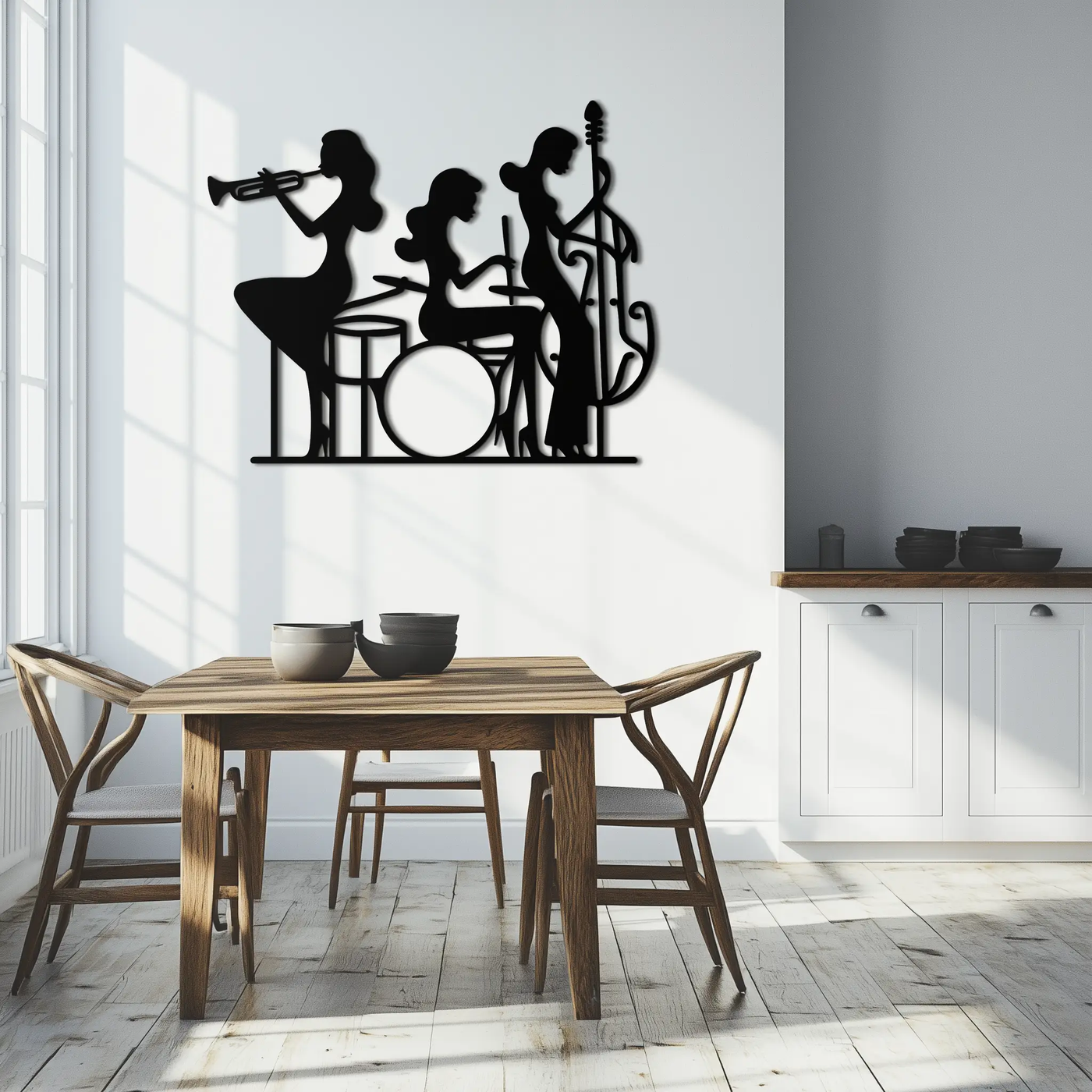 Jazz Trio Women Metal Wall Art – Musical Female Silhouette Band Playing Instruments in Black Steel- KAF349 by Enova Art