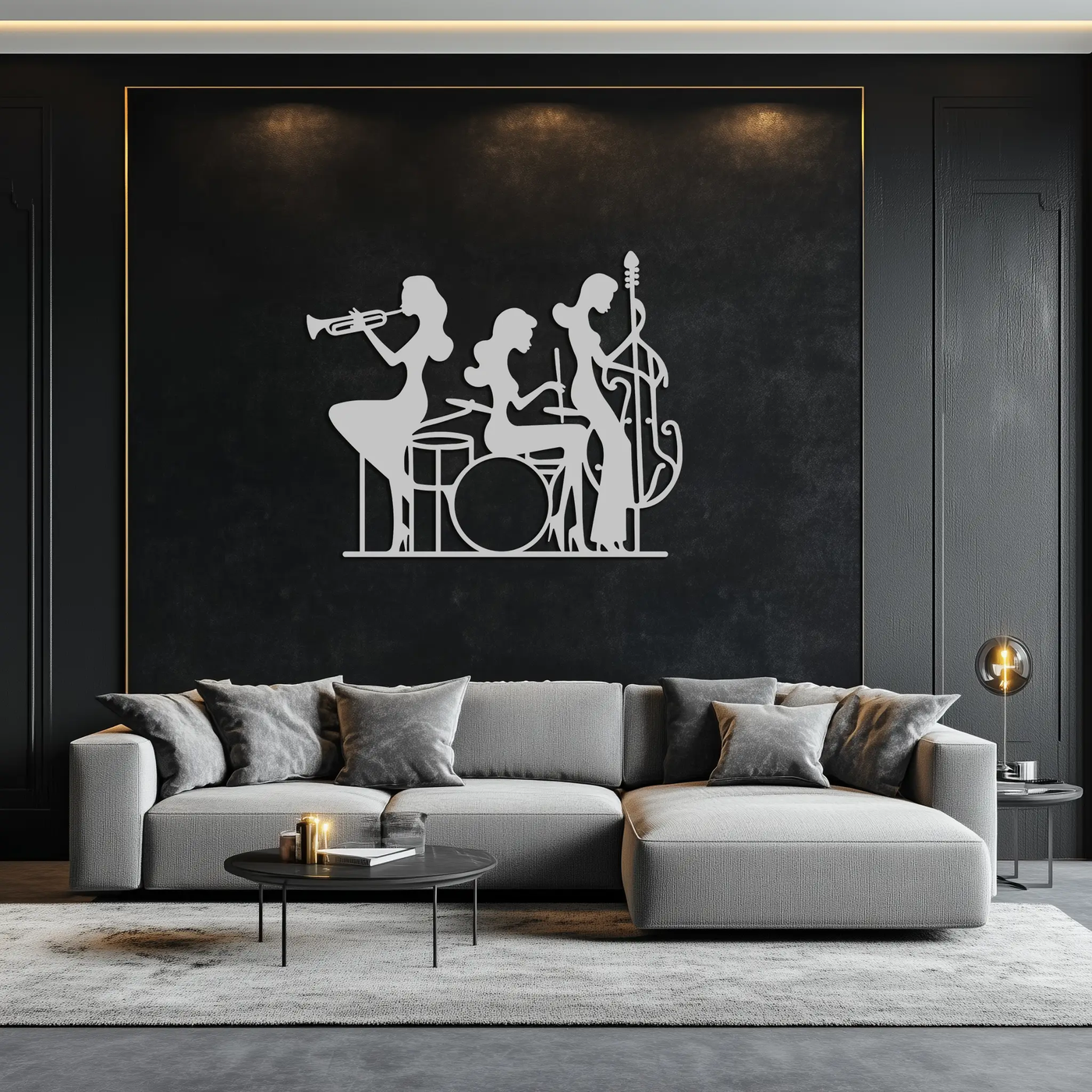 Jazz Trio Women Metal Wall Art – Musical Female Silhouette Band Playing Instruments in Black Steel- KAF349 by Enova Art