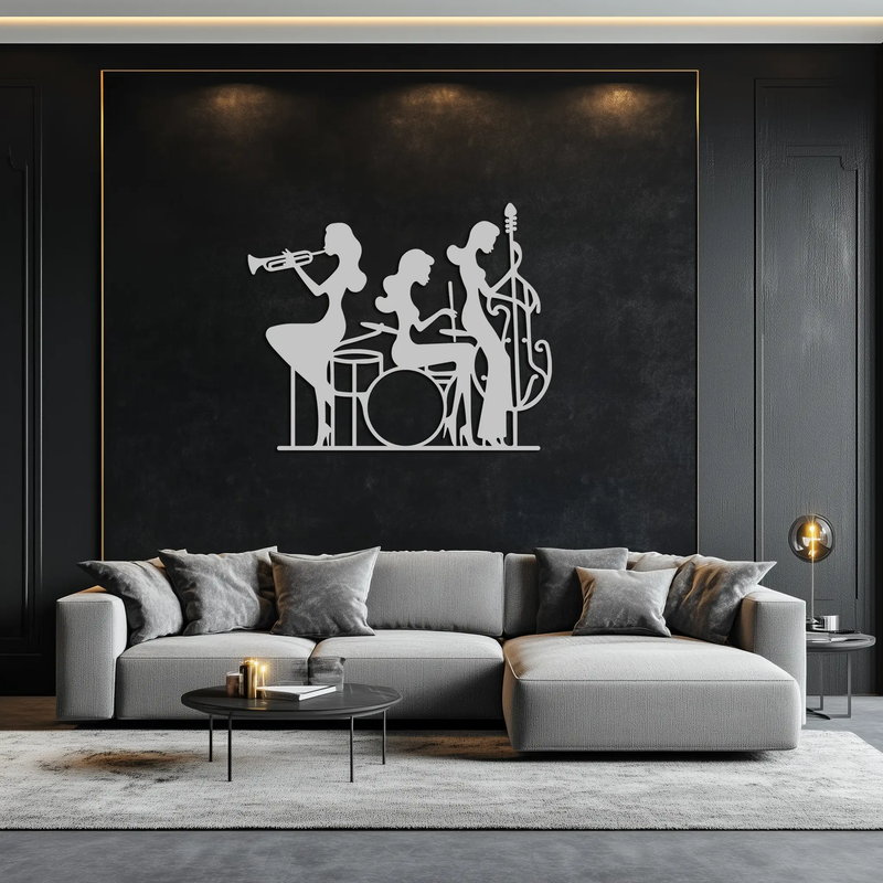 Jazz Trio Women Metal Wall Art – Musical Female Silhouette Band Playing Instruments in Black Steel- KAF349 by Enova Art