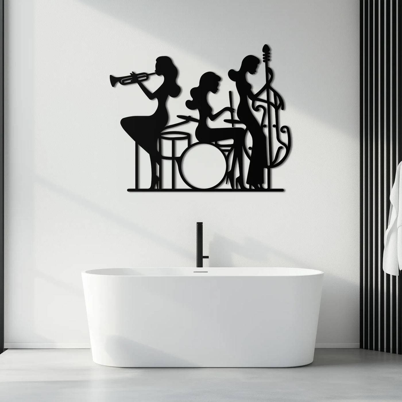 Jazz Trio Women Metal Wall Art – Musical Female Silhouette Band Playing Instruments in Black Steel- KAF349 by Enova Art