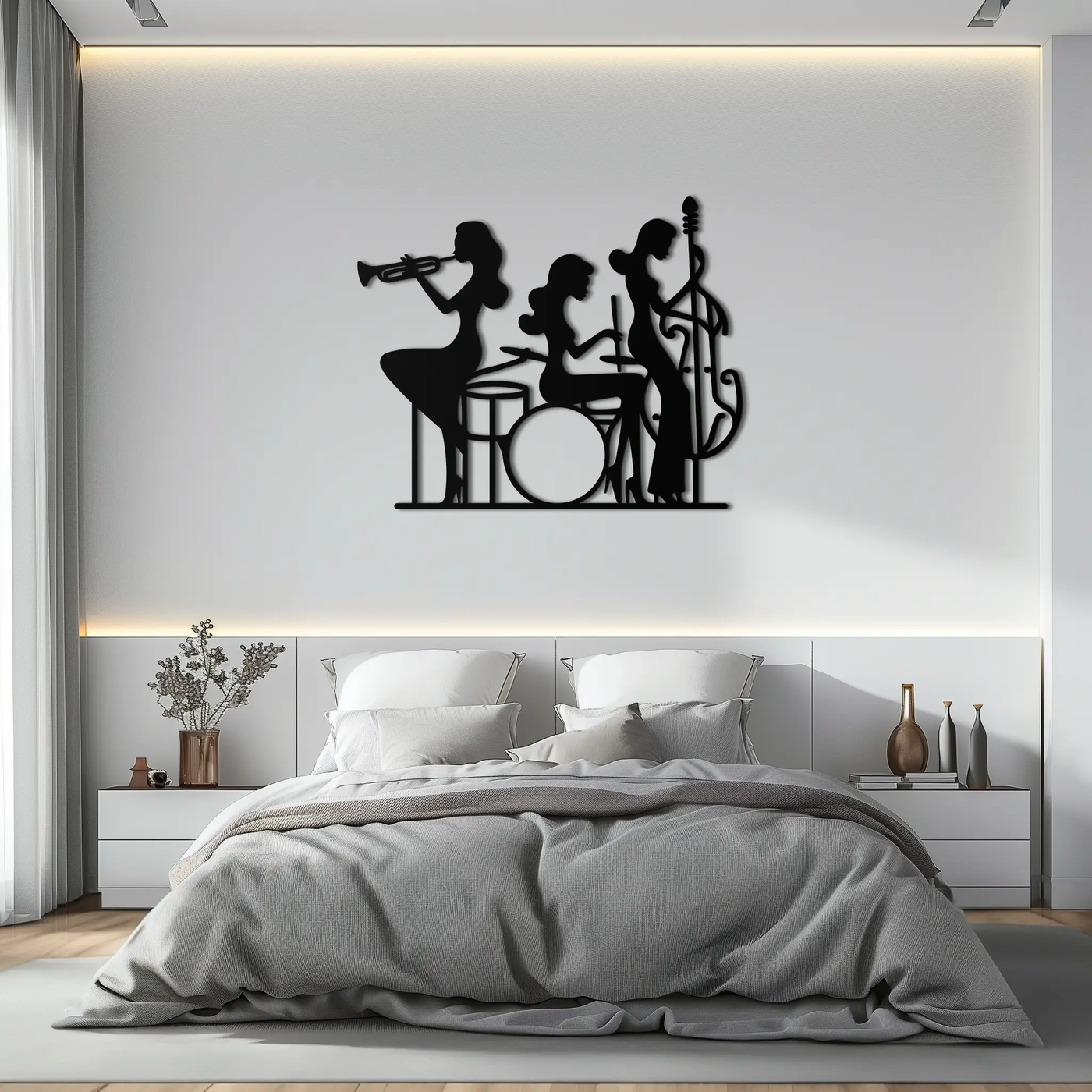 Jazz Trio Women Metal Wall Art – Musical Female Silhouette Band Playing Instruments in Black Steel- KAF349 by Enova Art