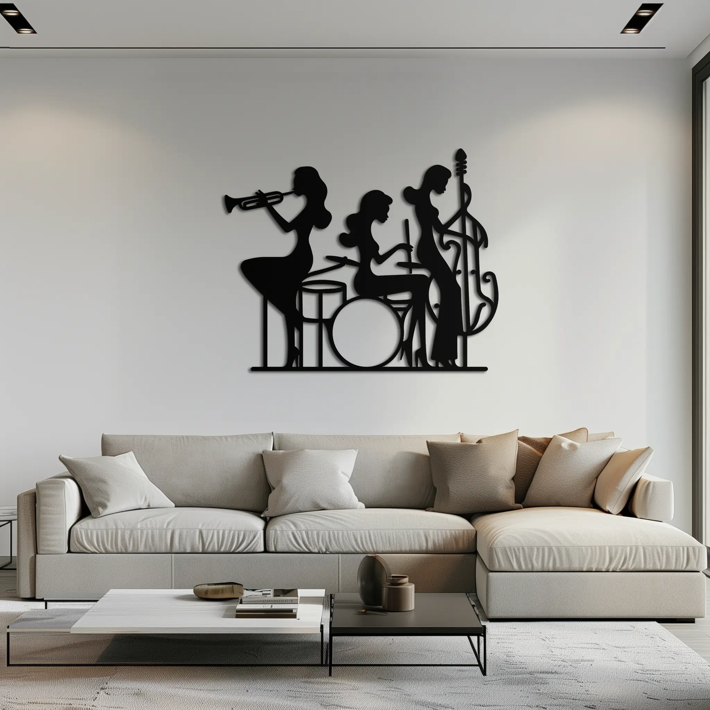 Jazz Trio Women Metal Wall Art – Musical Female Silhouette Band Playing Instruments in Black Steel- KAF349 by Enova Art