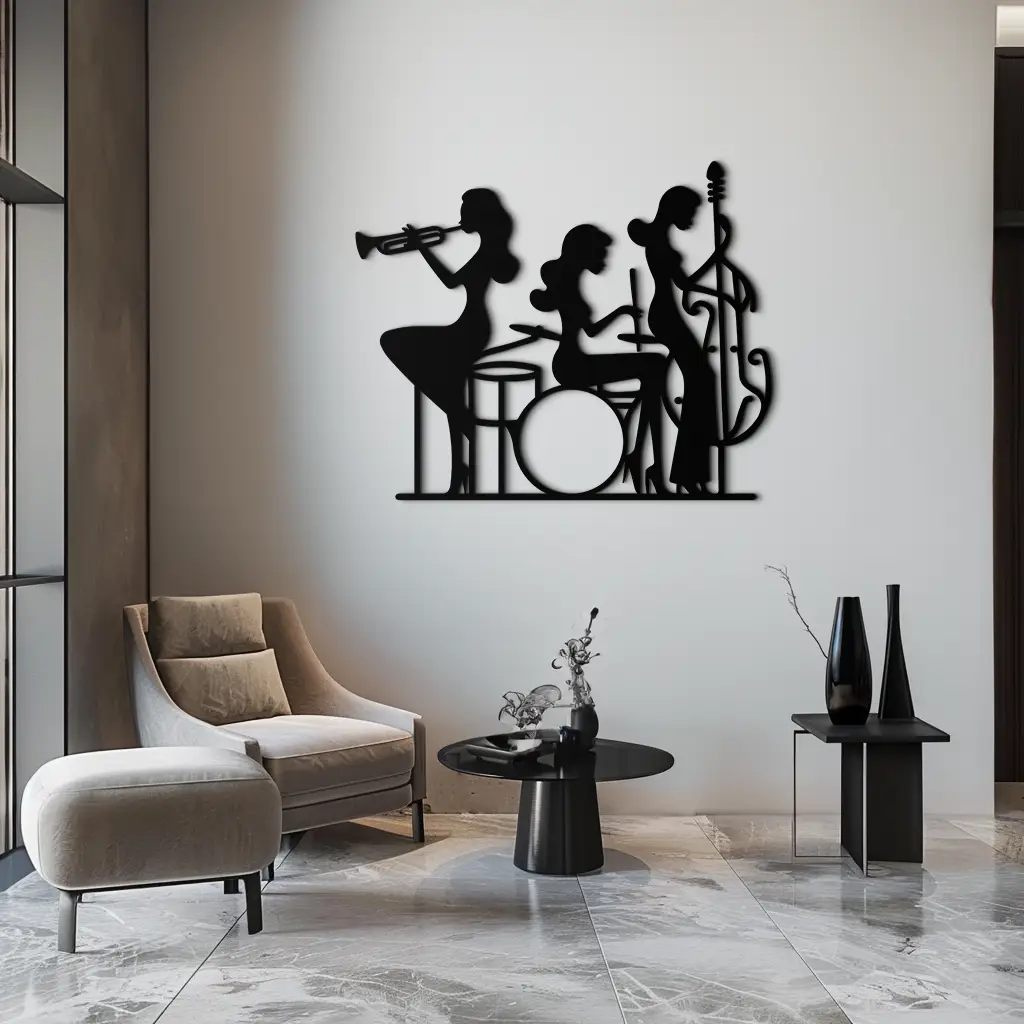 Jazz Trio Women Metal Wall Art – Musical Female Silhouette Band Playing Instruments in Black Steel- KAF349 by Enova Art