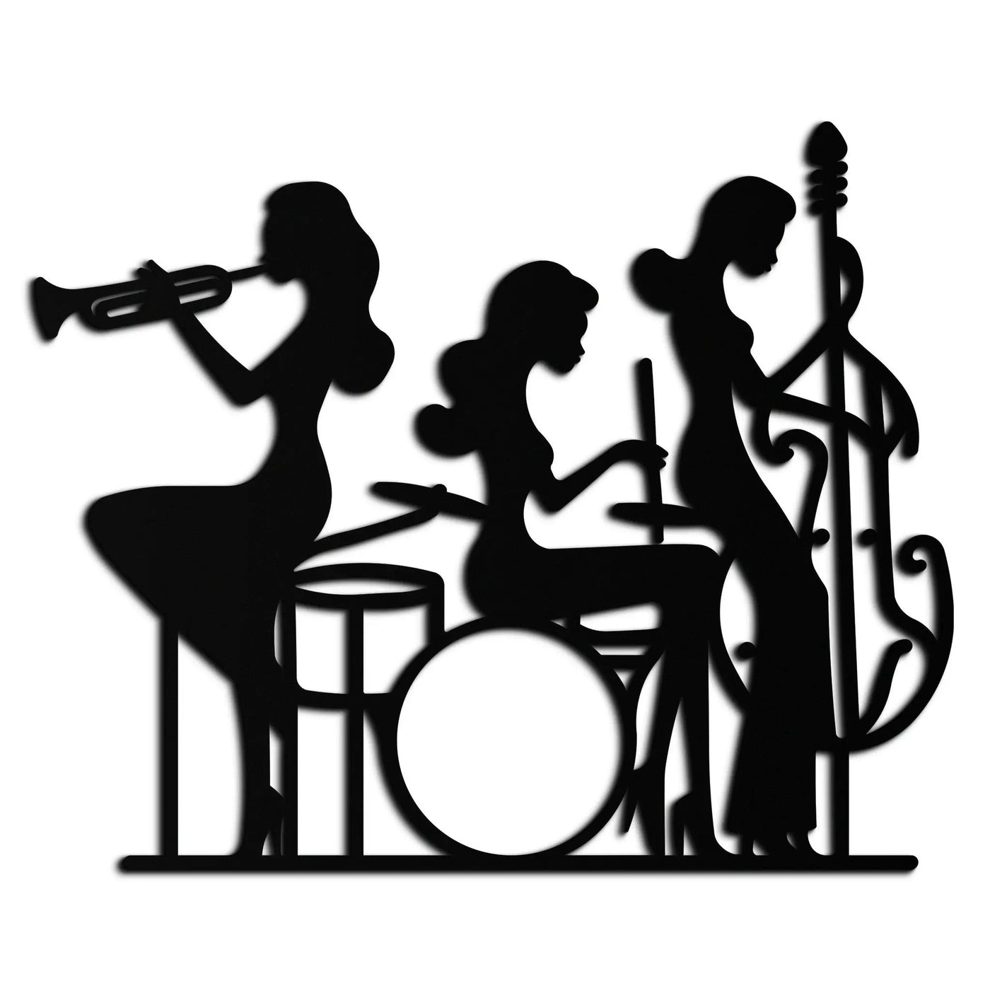 Jazz Trio Women Metal Wall Art – Musical Female Silhouette Band Playing Instruments in Black Steel- KAF349 by Enova Art