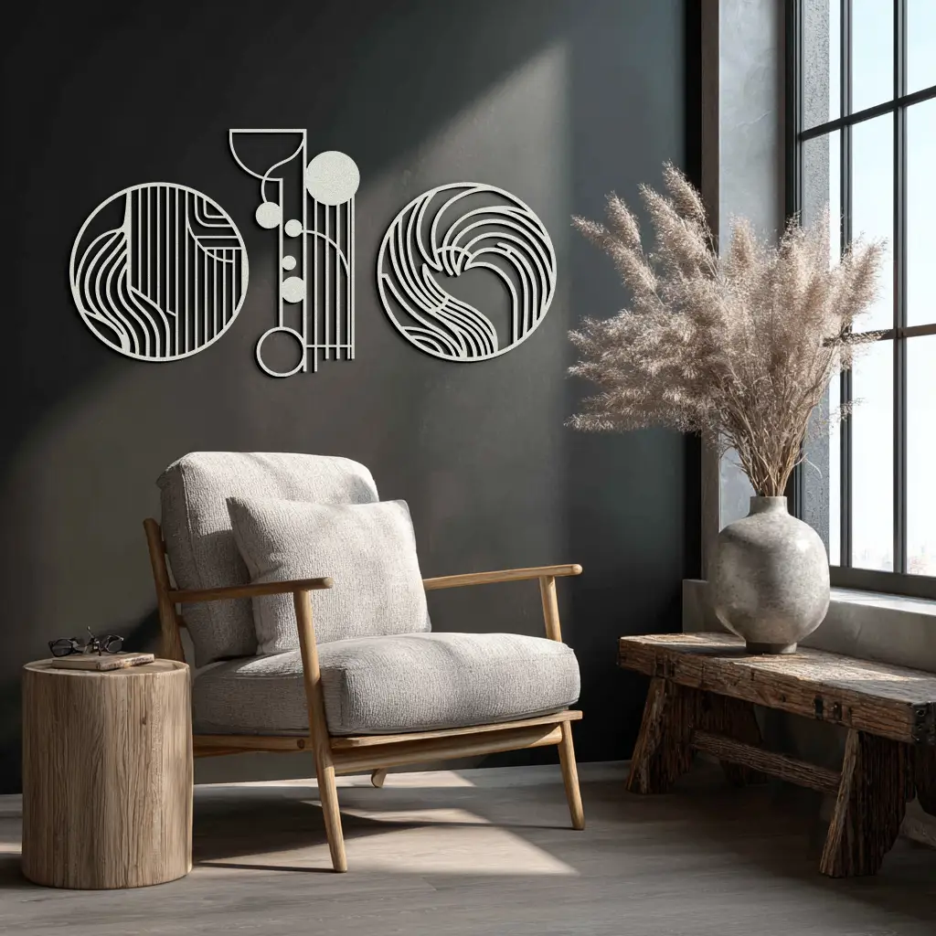 Abstract Geometric Trio Metal Wall Art – Modern Circle and Line Patterned Minimalist Steel Decor Set- KAF351 by Enova Art