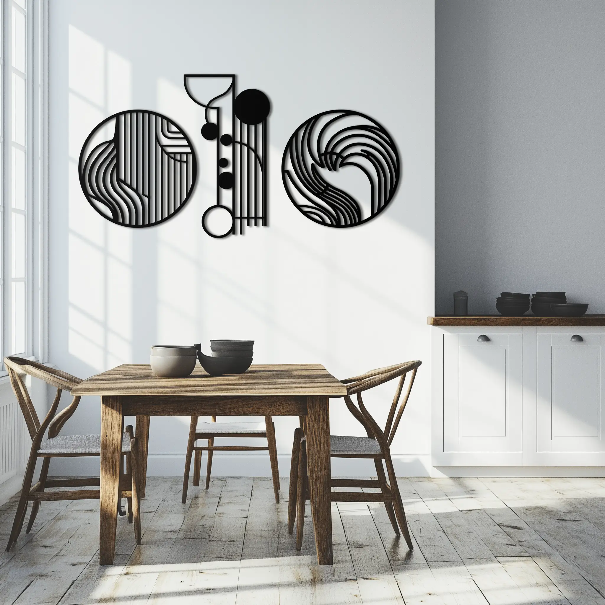 Abstract Geometric Trio Metal Wall Art – Modern Circle and Line Patterned Minimalist Steel Decor Set- KAF351 by Enova Art