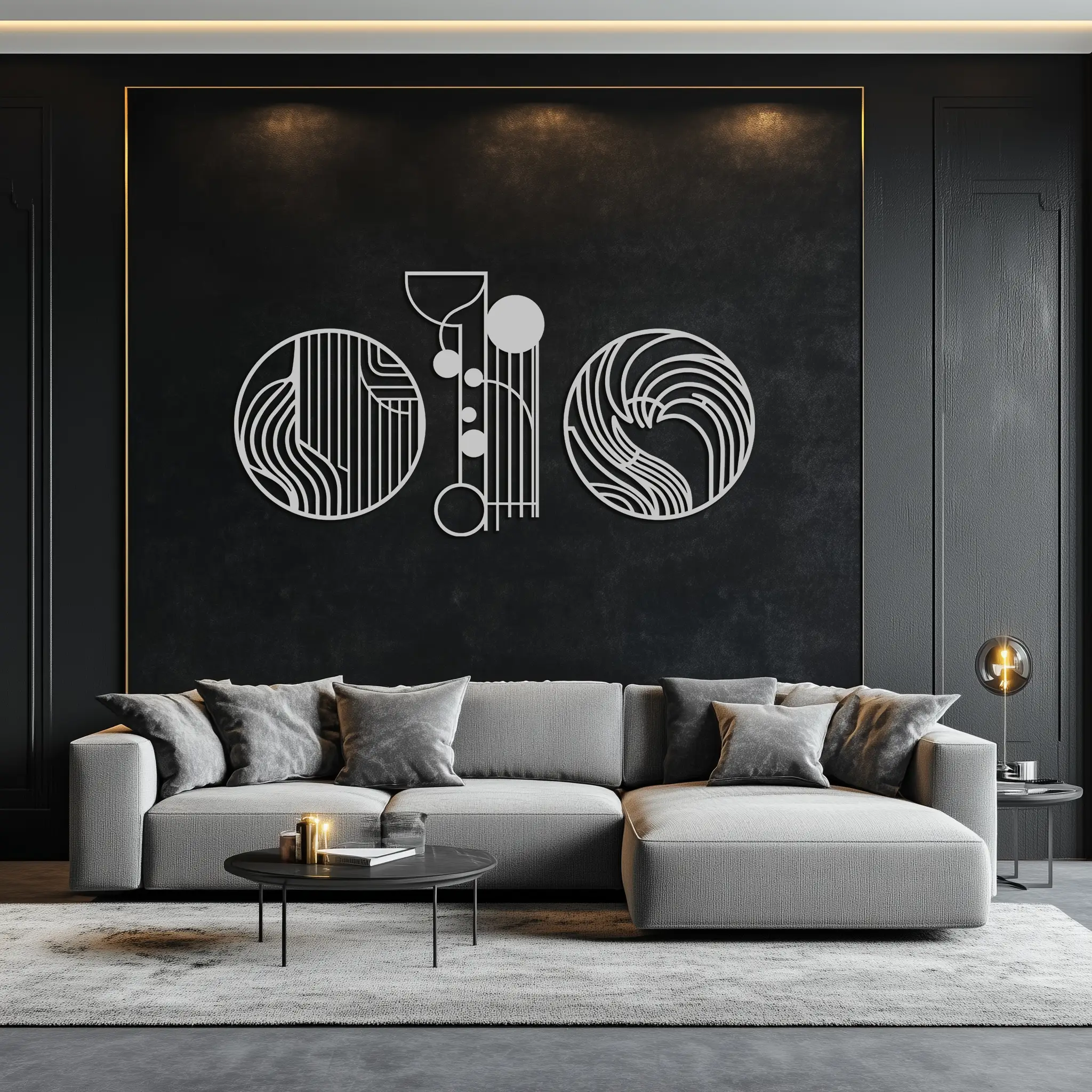Abstract Geometric Trio Metal Wall Art – Modern Circle and Line Patterned Minimalist Steel Decor Set- KAF351 by Enova Art