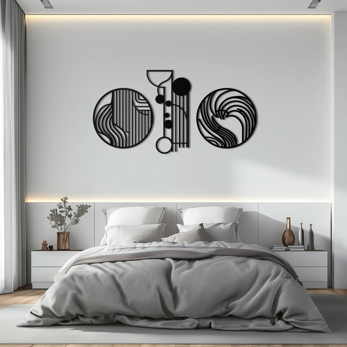 Abstract Geometric Trio Metal Wall Art – Modern Circle and Line Patterned Minimalist Steel Decor Set- KAF351 by Enova Art
