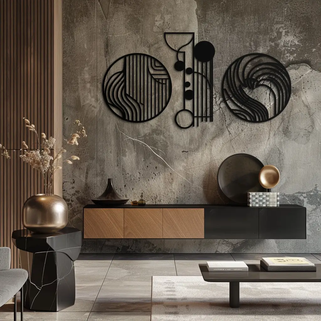 Abstract Geometric Trio Metal Wall Art – Modern Circle and Line Patterned Minimalist Steel Decor Set- KAF351 by Enova Art
