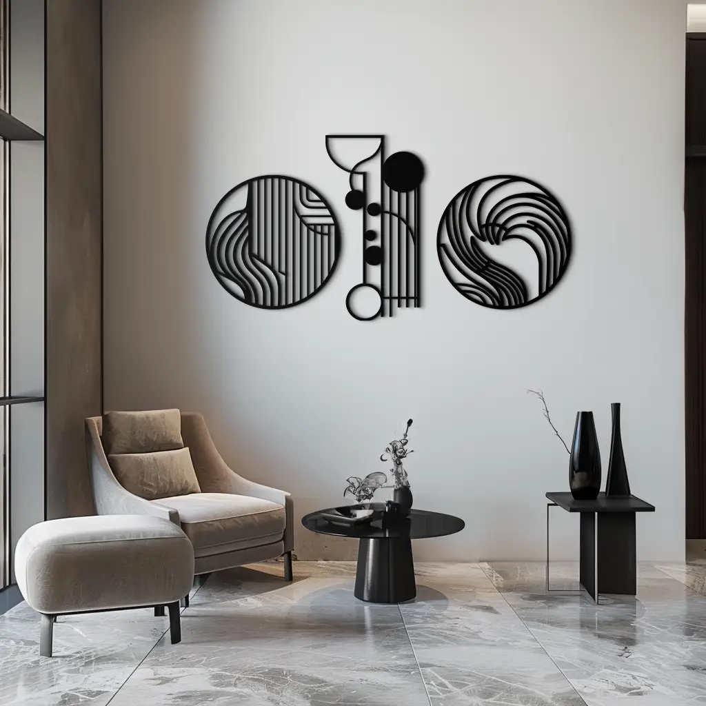 Abstract Geometric Trio Metal Wall Art – Modern Circle and Line Patterned Minimalist Steel Decor Set- KAF351 by Enova Art
