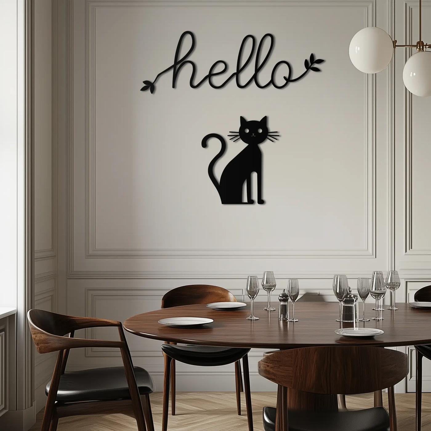 Hello Cat Metal Wall Art – Whimsical Welcome Sign with Cat Silhouette for Entryway or Living Room- KAF352 by Enova Art
