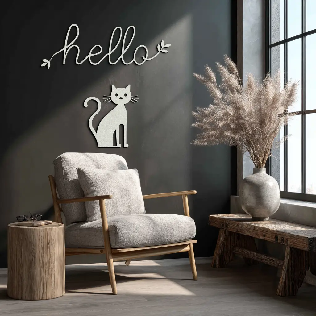 Hello Cat Metal Wall Art – Whimsical Welcome Sign with Cat Silhouette for Entryway or Living Room- KAF352 by Enova Art