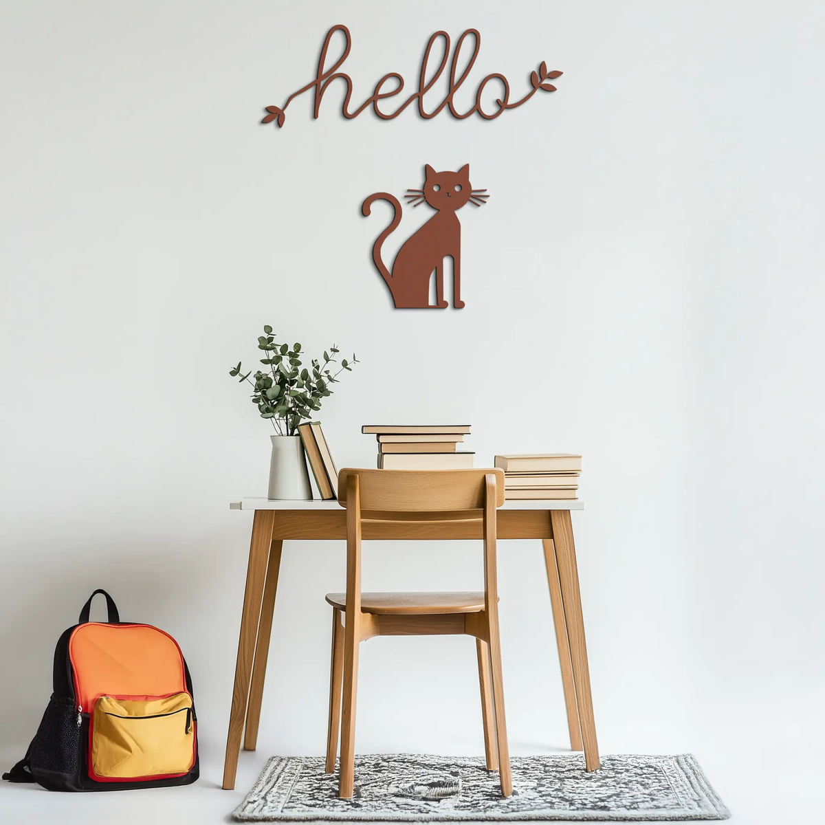 Hello Cat Metal Wall Art – Whimsical Welcome Sign with Cat Silhouette for Entryway or Living Room- KAF352 by Enova Art