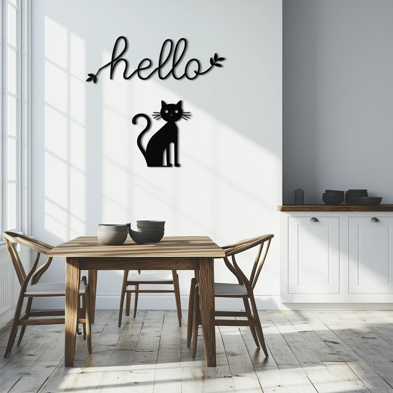 Hello Cat Metal Wall Art – Whimsical Welcome Sign with Cat Silhouette for Entryway or Living Room- KAF352 by Enova Art