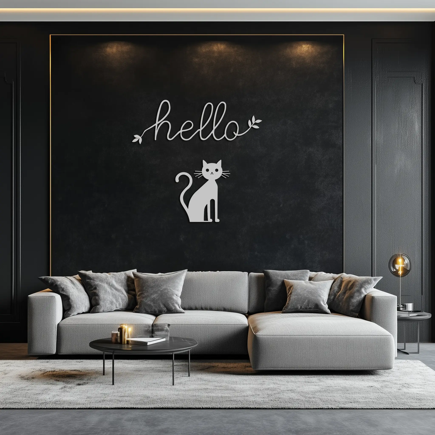 Hello Cat Metal Wall Art – Whimsical Welcome Sign with Cat Silhouette for Entryway or Living Room- KAF352 by Enova Art