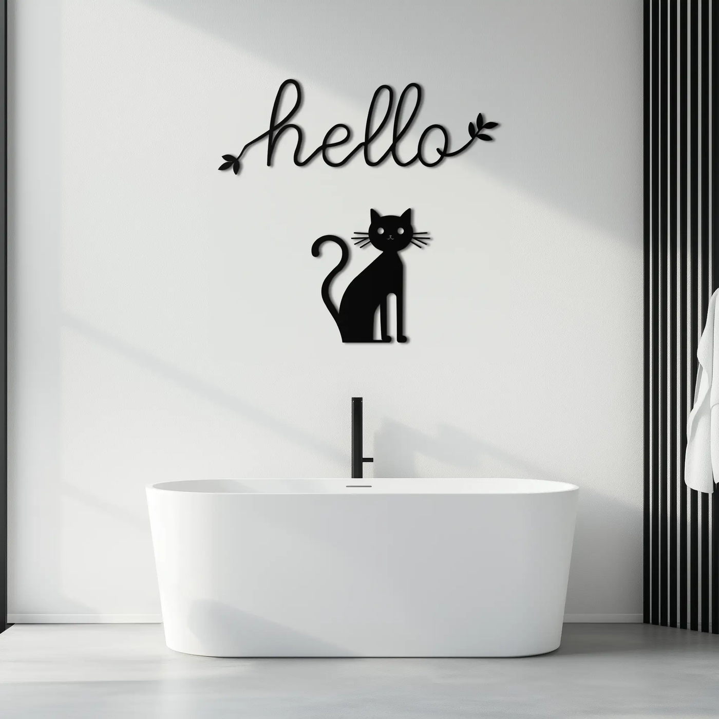 Hello Cat Metal Wall Art – Whimsical Welcome Sign with Cat Silhouette for Entryway or Living Room- KAF352 by Enova Art
