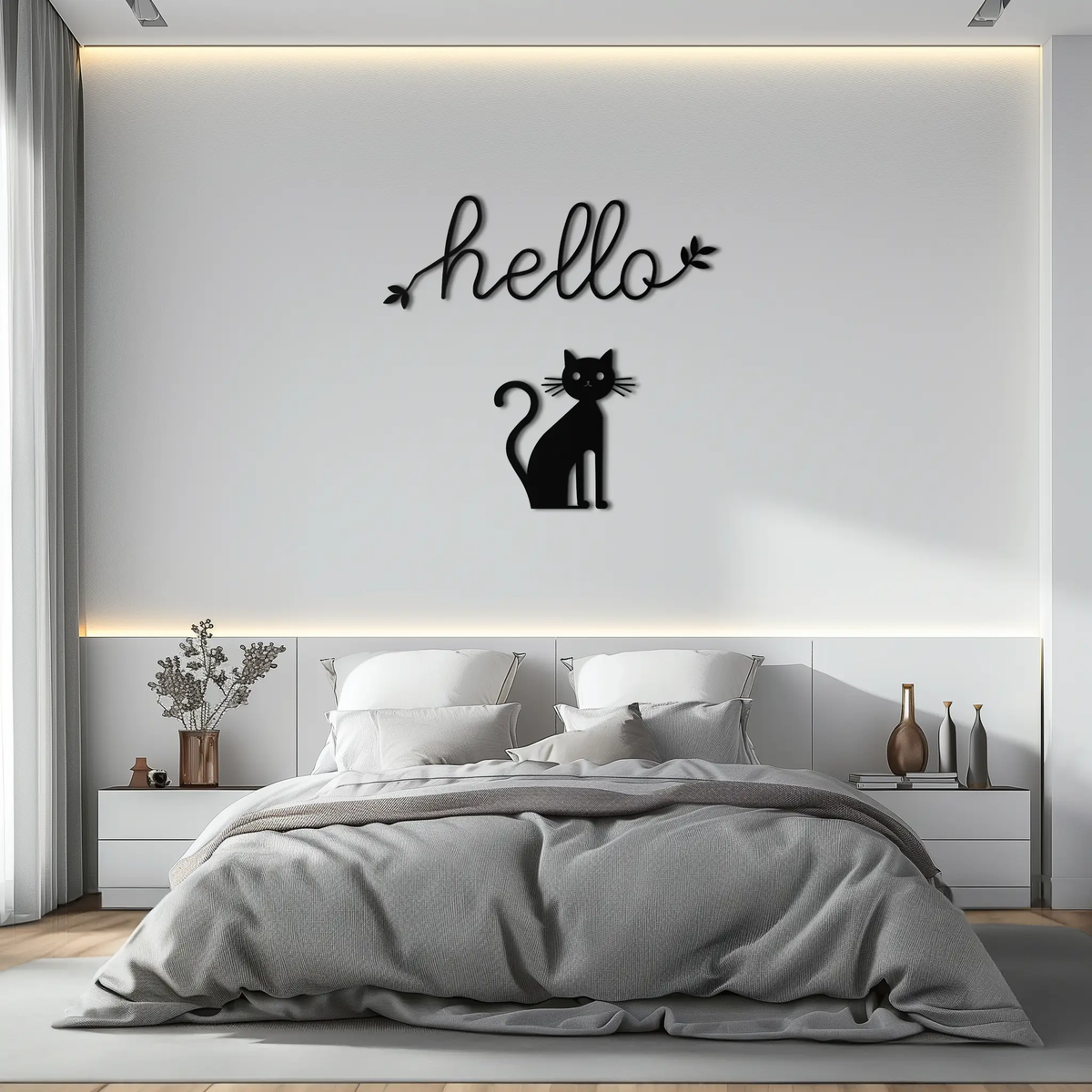 Hello Cat Metal Wall Art – Whimsical Welcome Sign with Cat Silhouette for Entryway or Living Room- KAF352 by Enova Art