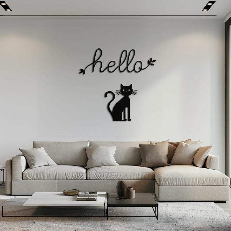 Hello Cat Metal Wall Art – Whimsical Welcome Sign with Cat Silhouette for Entryway or Living Room- KAF352 by Enova Art