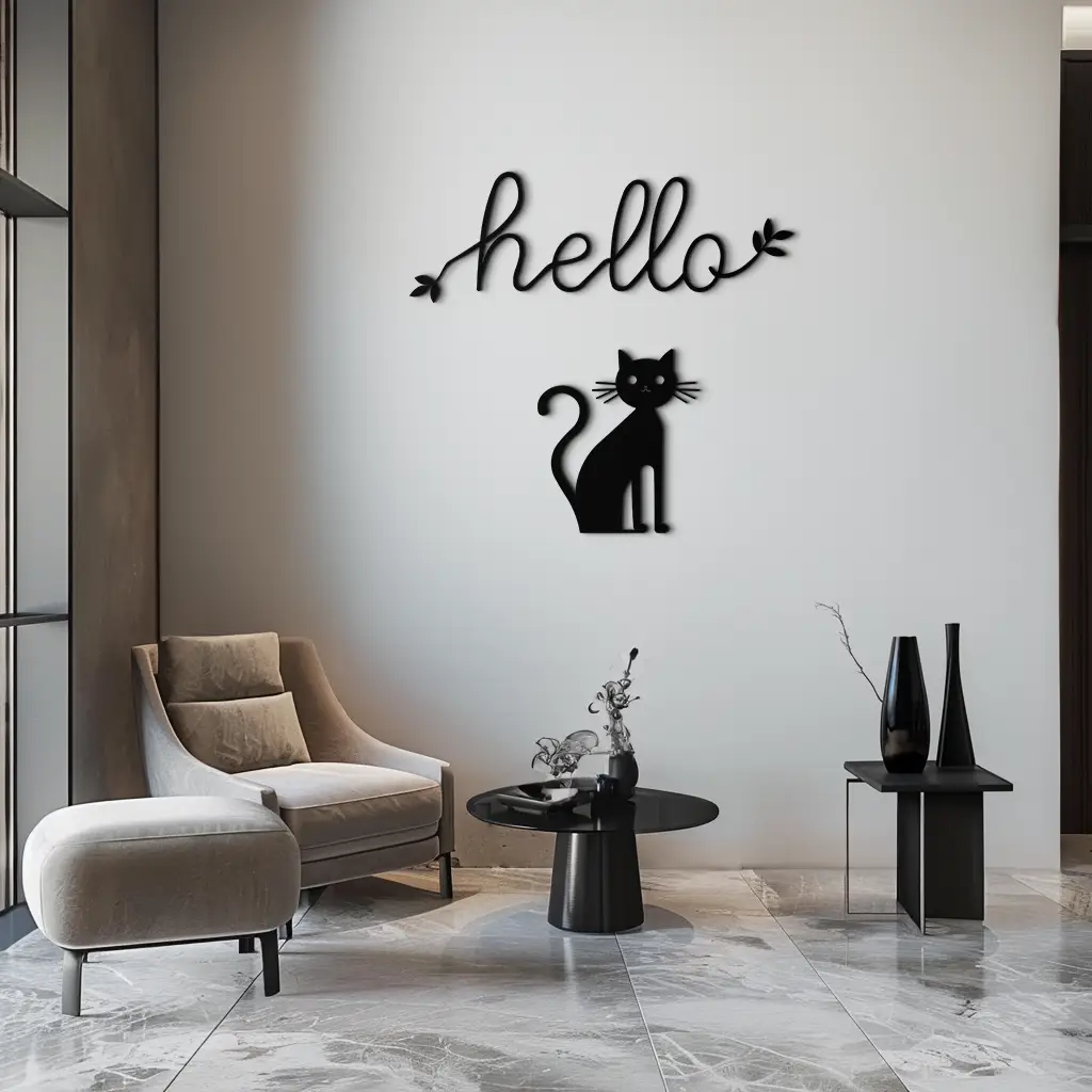 Hello Cat Metal Wall Art – Whimsical Welcome Sign with Cat Silhouette for Entryway or Living Room- KAF352 by Enova Art