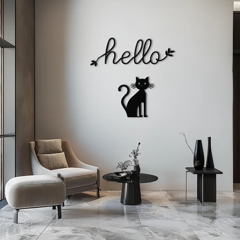 Hello Cat Metal Wall Art – Whimsical Welcome Sign with Cat Silhouette for Entryway or Living Room- KAF352 by Enova Art
