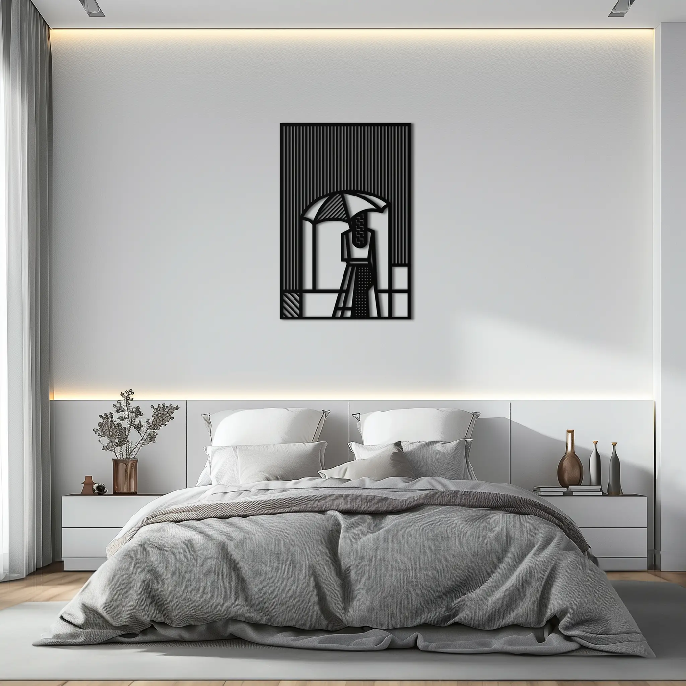Woman with Umbrella Abstract Metal Wall Art – Modern Rainy Day Silhouette Steel Decor- KAF354 by Enova Art