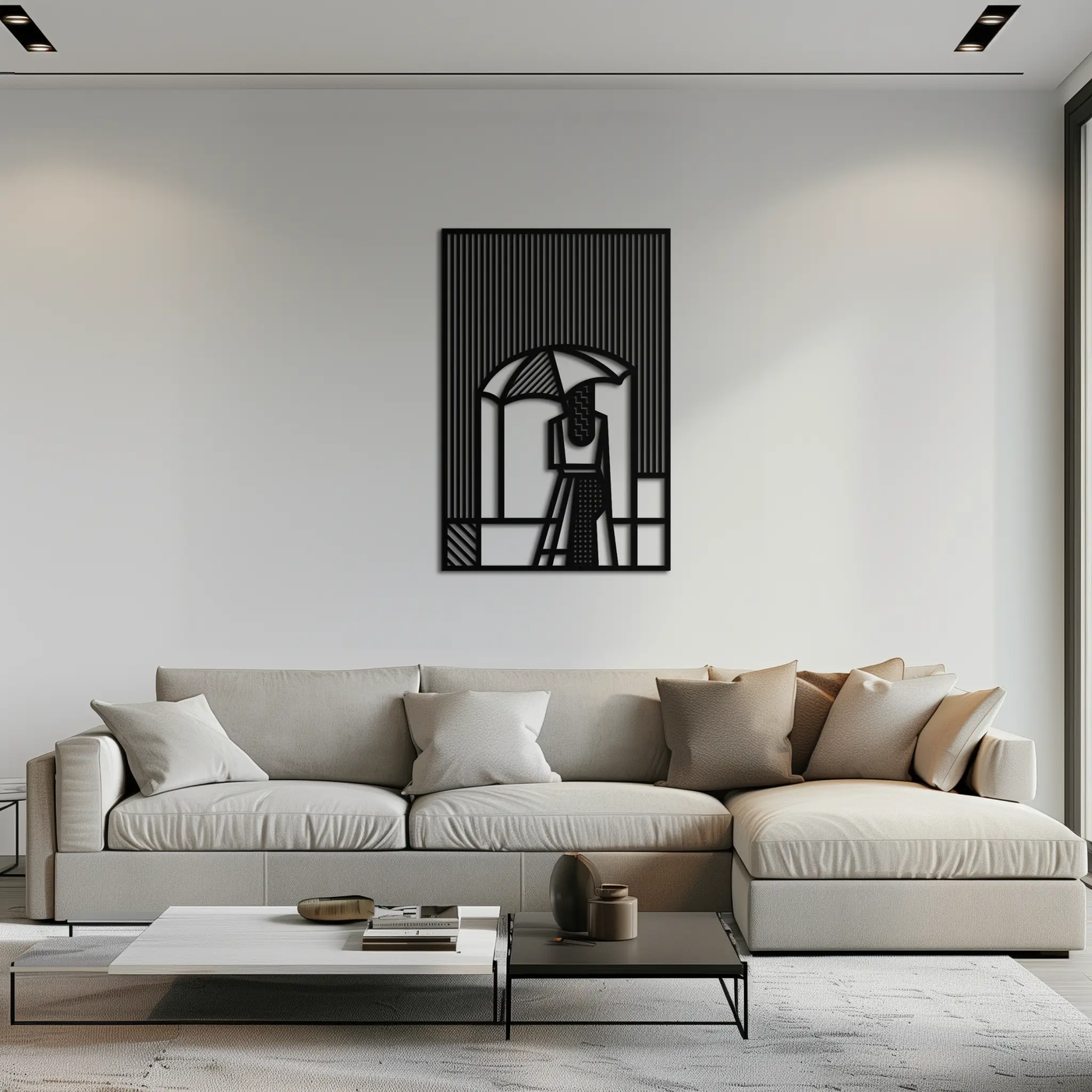 Woman with Umbrella Abstract Metal Wall Art – Modern Rainy Day Silhouette Steel Decor- KAF354 by Enova Art