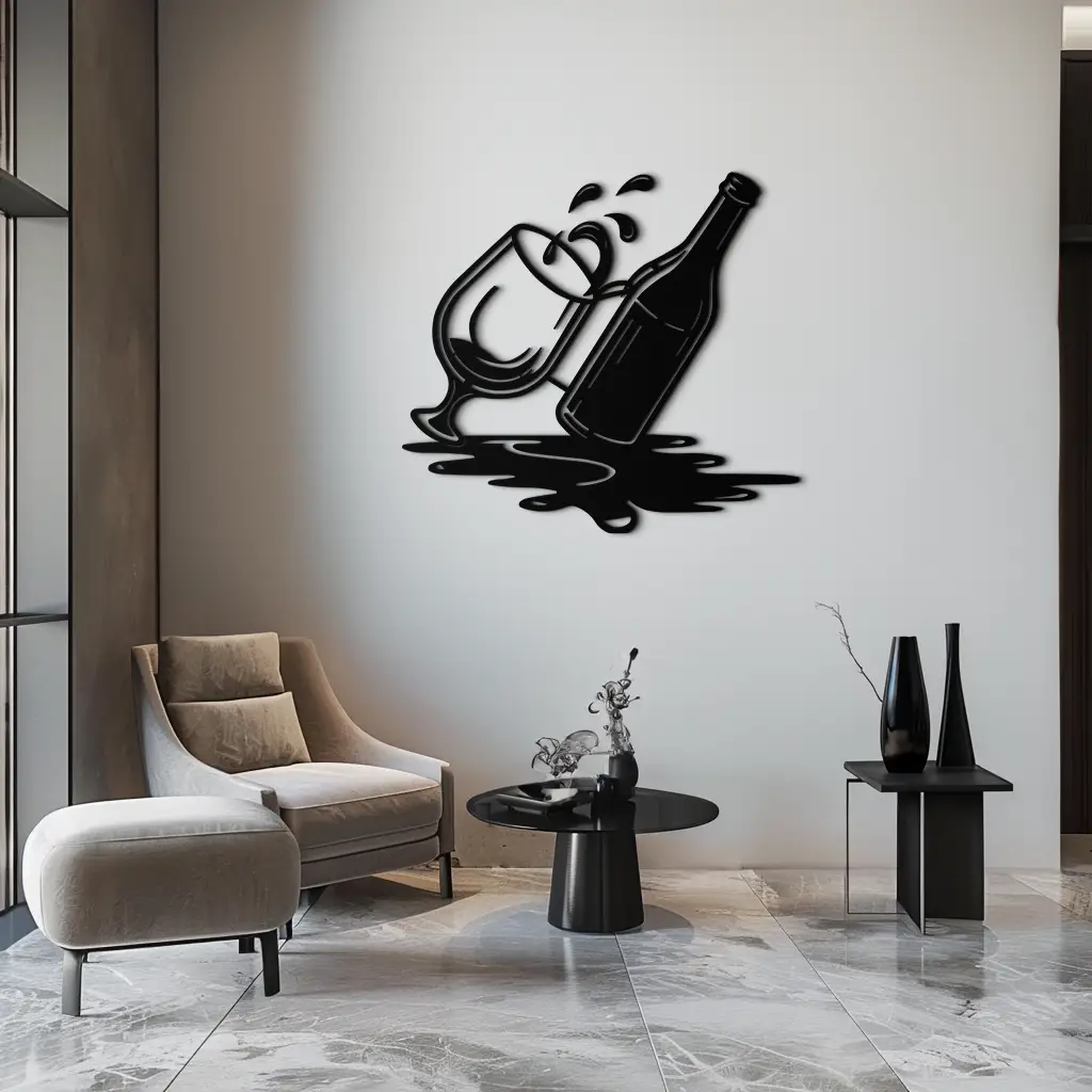 Wine Bottle and Glass Metal Wall Art – Modern Bar Decor with Splash Effect for Kitchen or Lounge Spaces- KAF356 by Enova Art