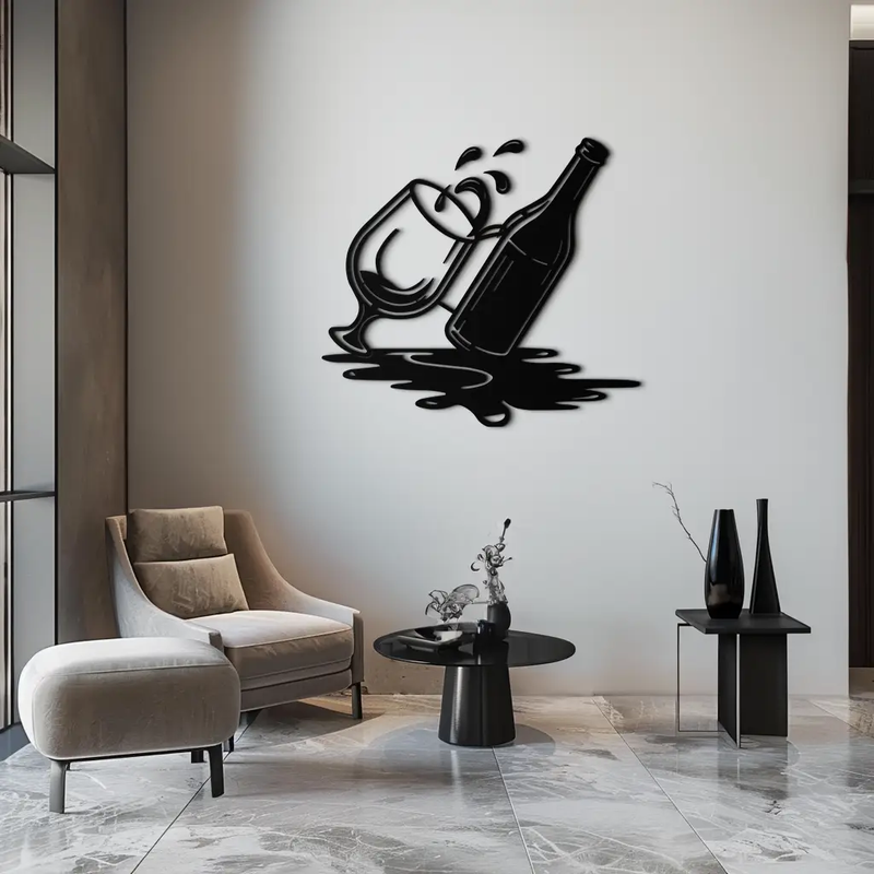 Wine Bottle and Glass Metal Wall Art – Modern Bar Decor with Splash Effect for Kitchen or Lounge Spaces- KAF356 by Enova Art