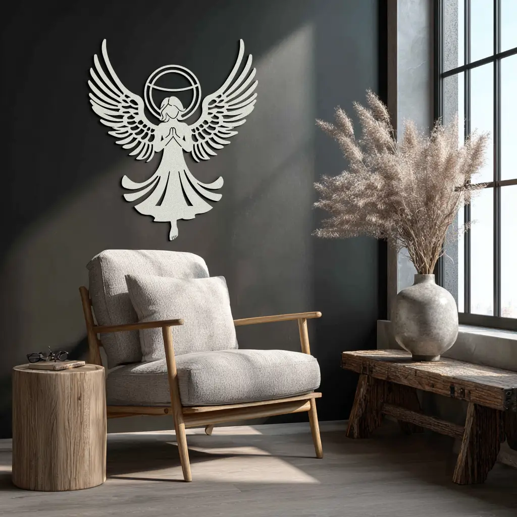 Guardian Angel Metal Wall Art – Spiritual Angel Silhouette with Halo for Home Blessing Decor- KAF359 by Enova Art