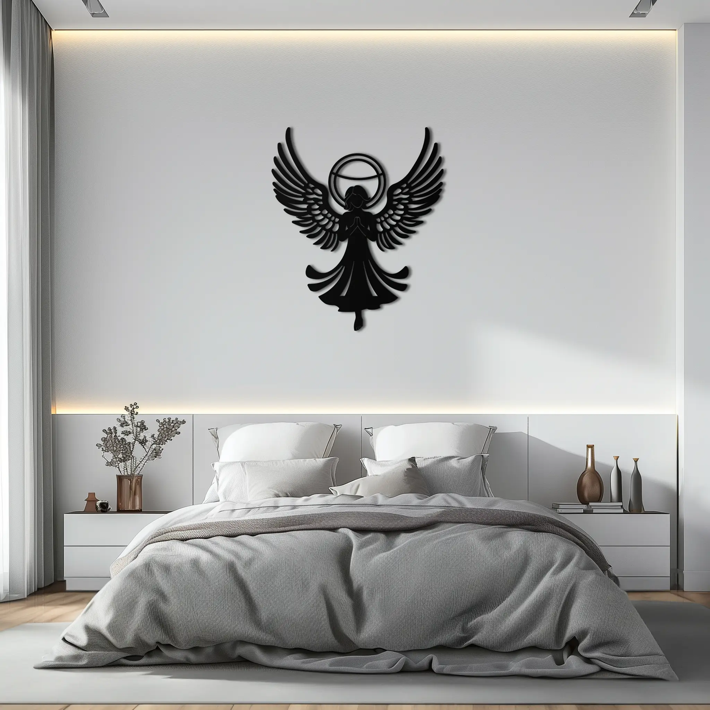 Guardian Angel Metal Wall Art – Spiritual Angel Silhouette with Halo for Home Blessing Decor- KAF359 by Enova Art