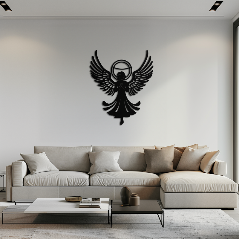 Guardian Angel Metal Wall Art – Spiritual Angel Silhouette with Halo for Home Blessing Decor- KAF359 by Enova Art
