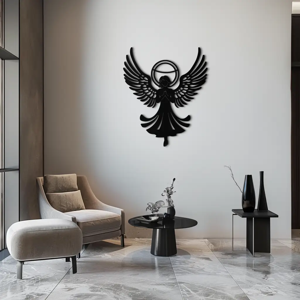 Guardian Angel Metal Wall Art – Spiritual Angel Silhouette with Halo for Home Blessing Decor- KAF359 by Enova Art