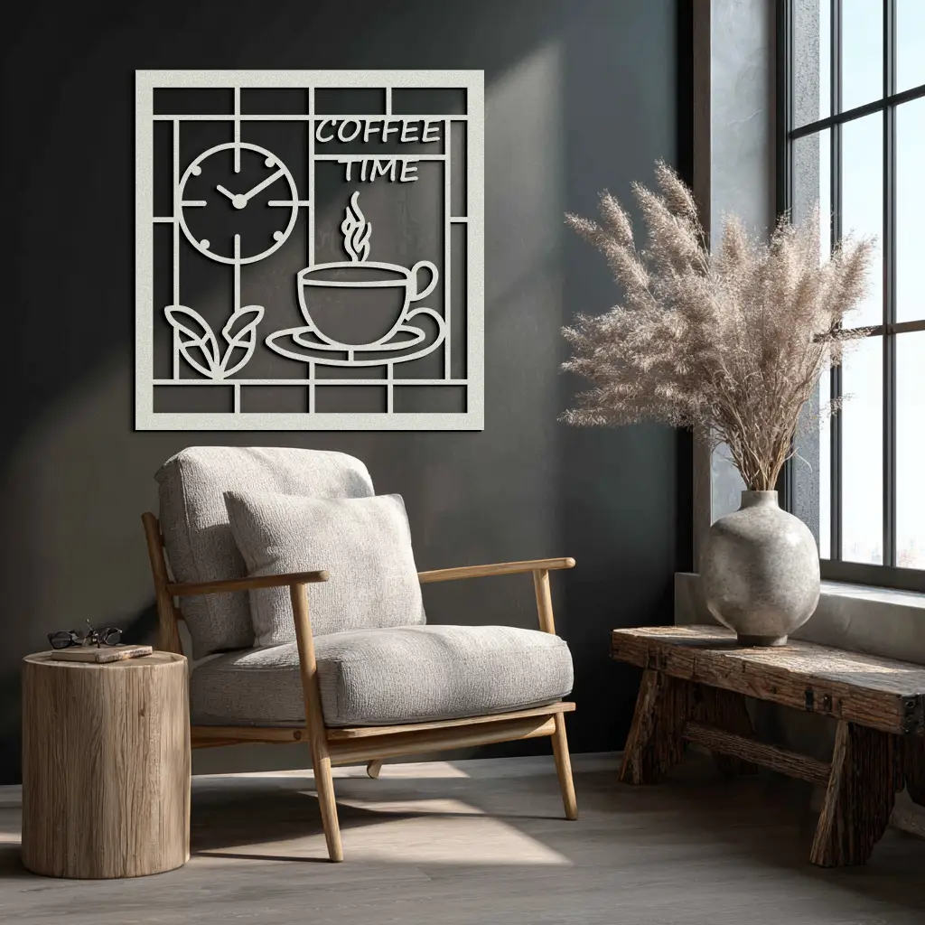 Coffee Time Metal Wall Art – Coffee Cup and Clock Design for Kitchen and Cafe Decor- KAF360 by Enova Art