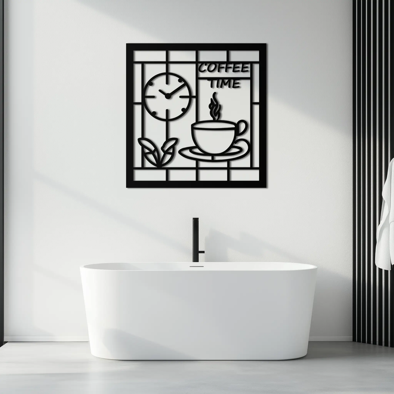 Coffee Time Metal Wall Art – Coffee Cup and Clock Design for Kitchen and Cafe Decor- KAF360 by Enova Art
