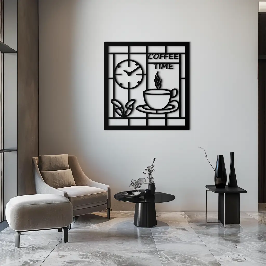 Coffee Time Metal Wall Art – Coffee Cup and Clock Design for Kitchen and Cafe Decor- KAF360 by Enova Art