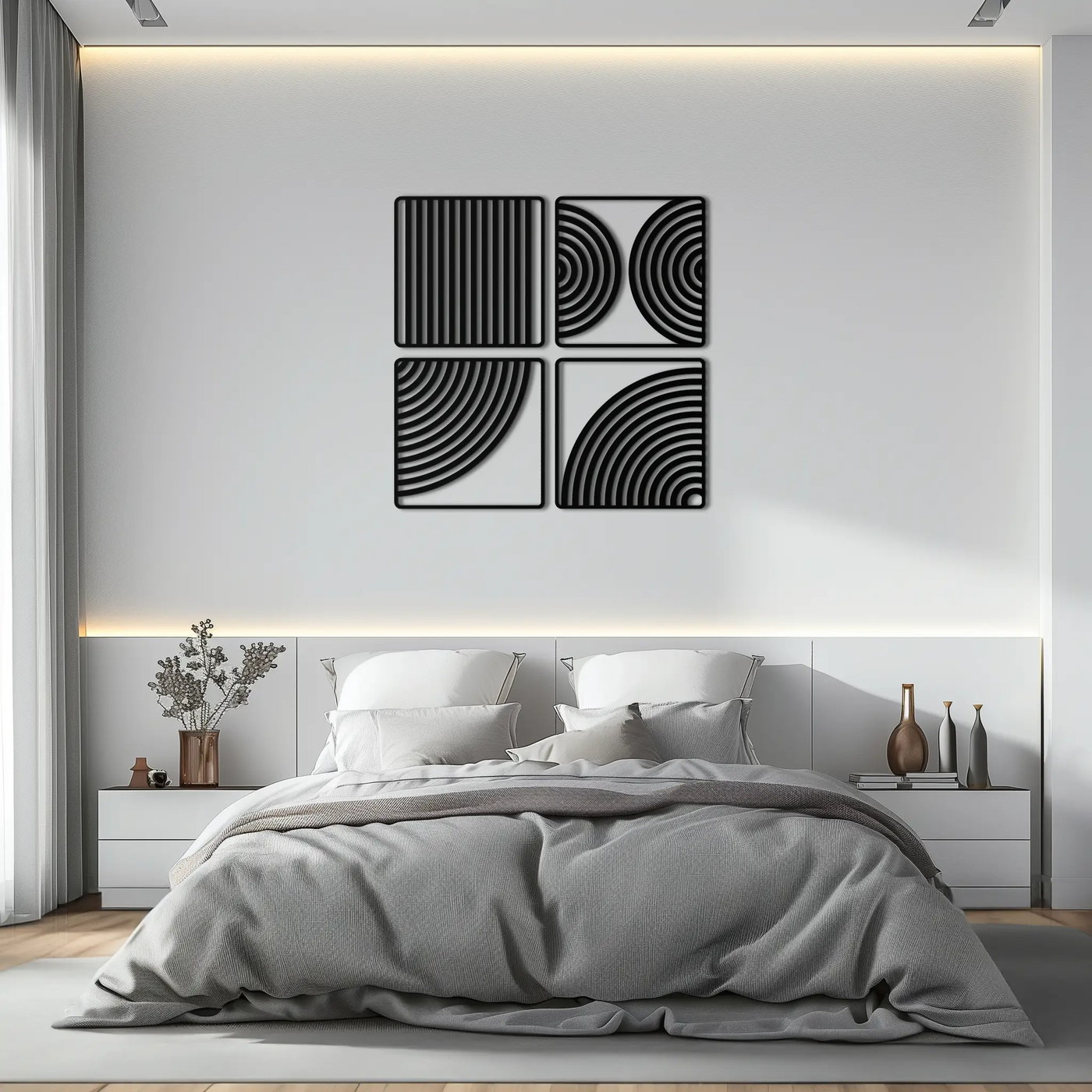 Geometric Pattern Metal Wall Art – 4-Piece Modern Minimalist Steel Decor- KAF363 by Enova Art