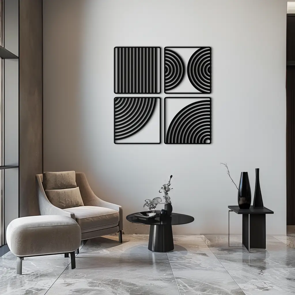 Geometric Pattern Metal Wall Art – 4-Piece Modern Minimalist Steel Decor- KAF363 by Enova Art