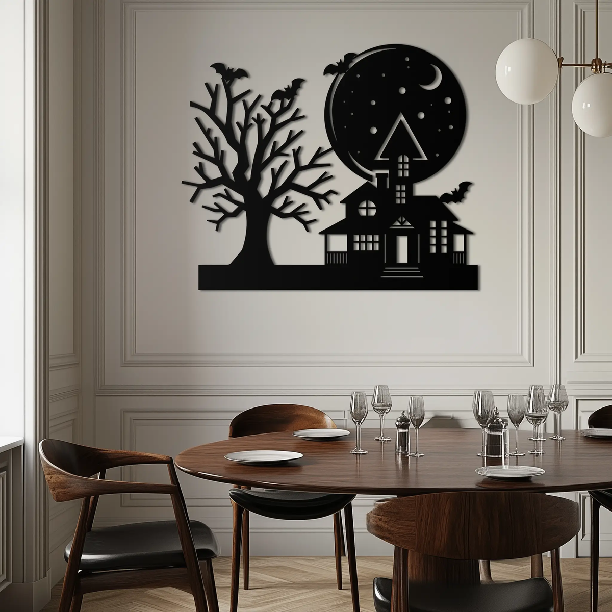 Haunted House and Bat Halloween Metal Wall Art – Spooky Full Moon Scene in Matte Black- KAF370 by Enova Art