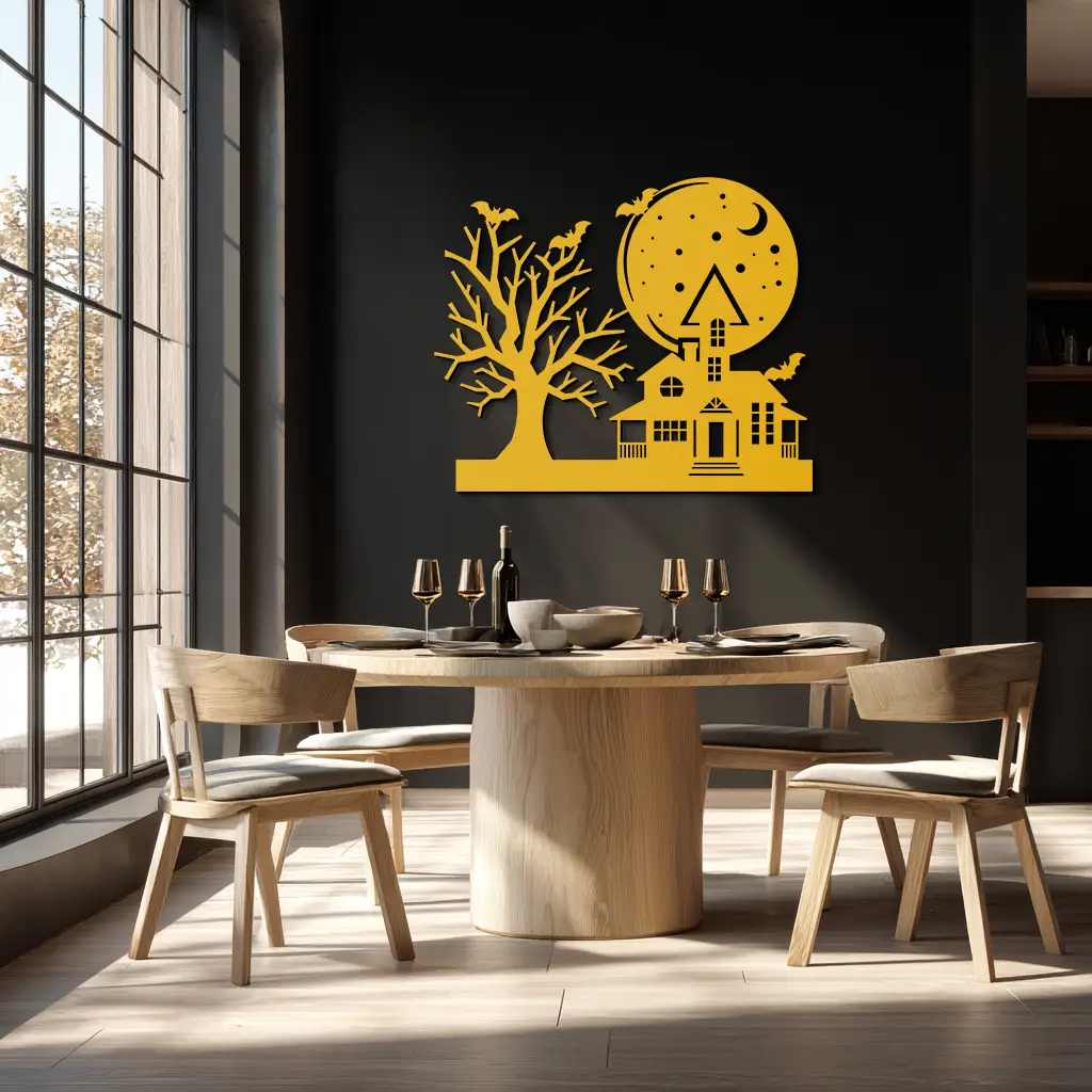Haunted House and Bat Halloween Metal Wall Art – Spooky Full Moon Scene in Matte Black- KAF370 by Enova Art