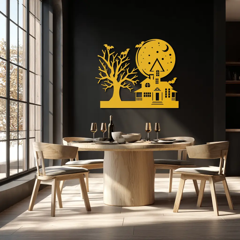 Haunted House and Bat Halloween Metal Wall Art – Spooky Full Moon Scene in Matte Black- KAF370 by Enova Art