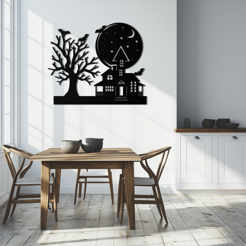 Haunted House and Bat Halloween Metal Wall Art – Spooky Full Moon Scene in Matte Black- KAF370 by Enova Art