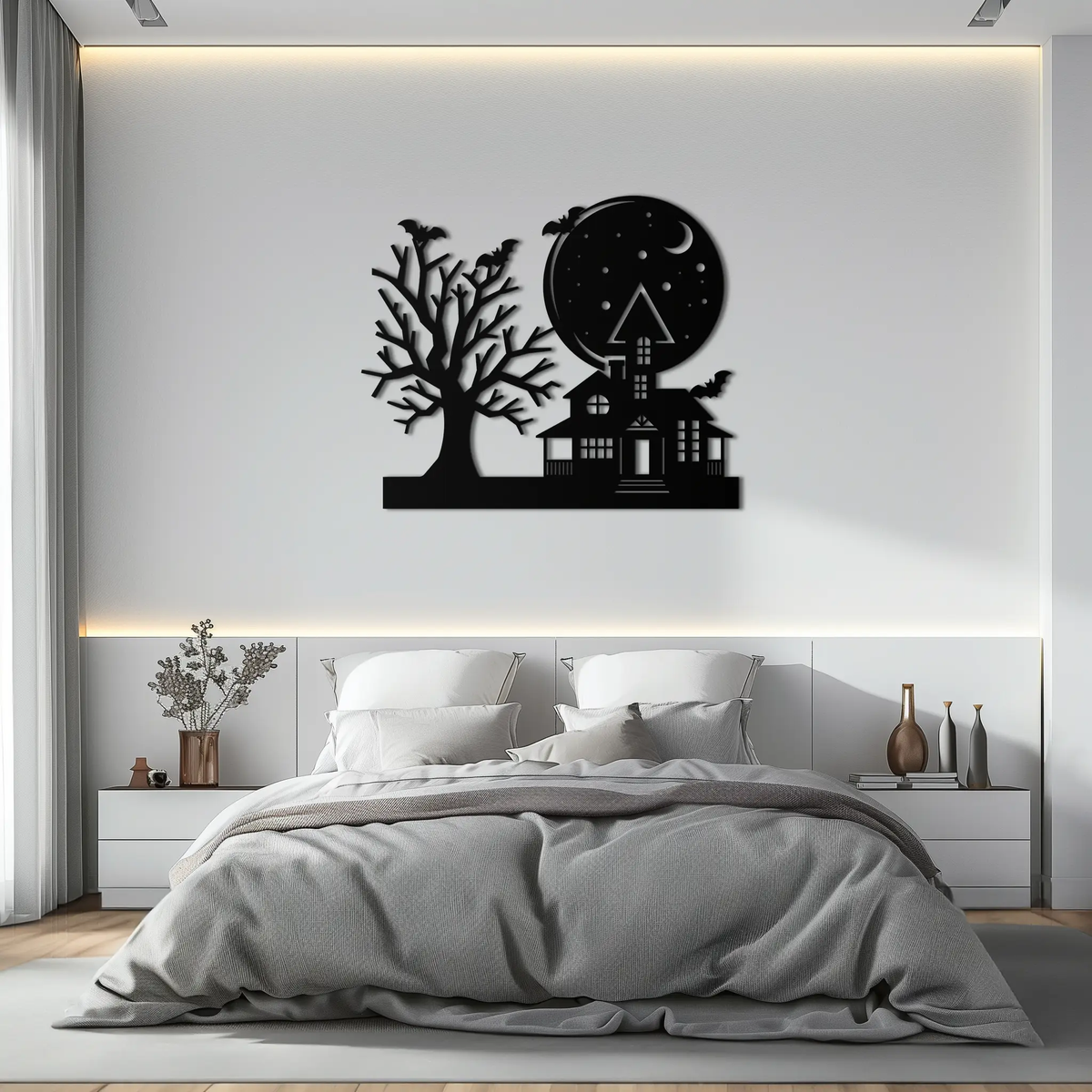 Haunted House and Bat Halloween Metal Wall Art – Spooky Full Moon Scene in Matte Black- KAF370 by Enova Art