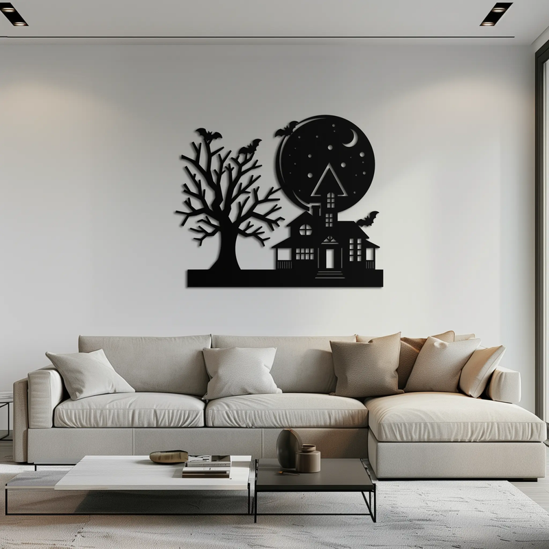 Haunted House and Bat Halloween Metal Wall Art – Spooky Full Moon Scene in Matte Black- KAF370 by Enova Art