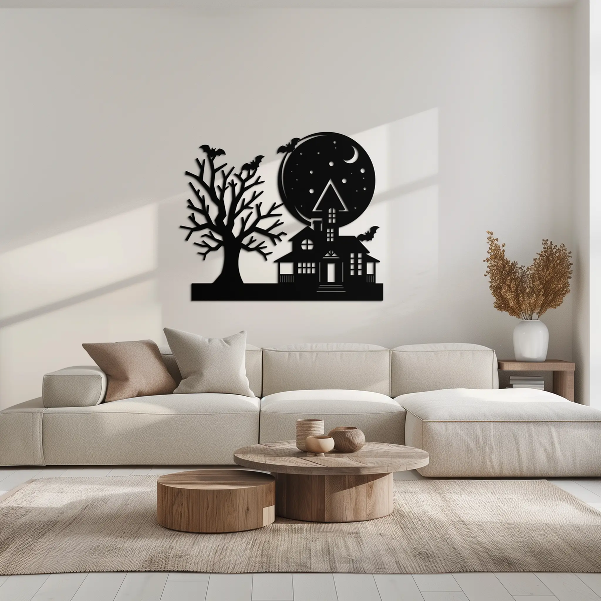 Haunted House and Bat Halloween Metal Wall Art – Spooky Full Moon Scene in Matte Black- KAF370 by Enova Art