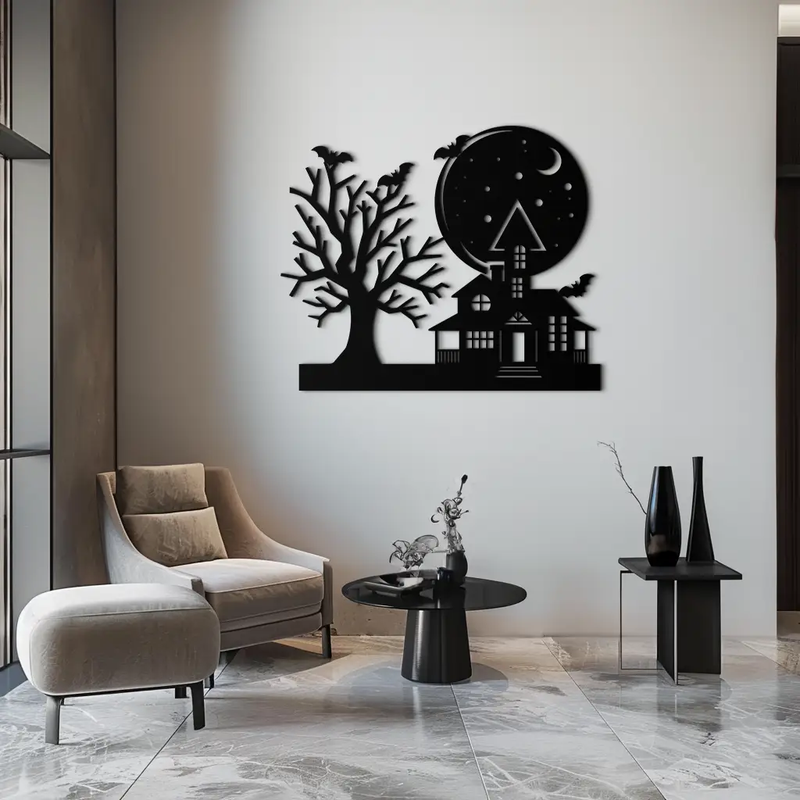 Haunted House and Bat Halloween Metal Wall Art – Spooky Full Moon Scene in Matte Black- KAF370 by Enova Art