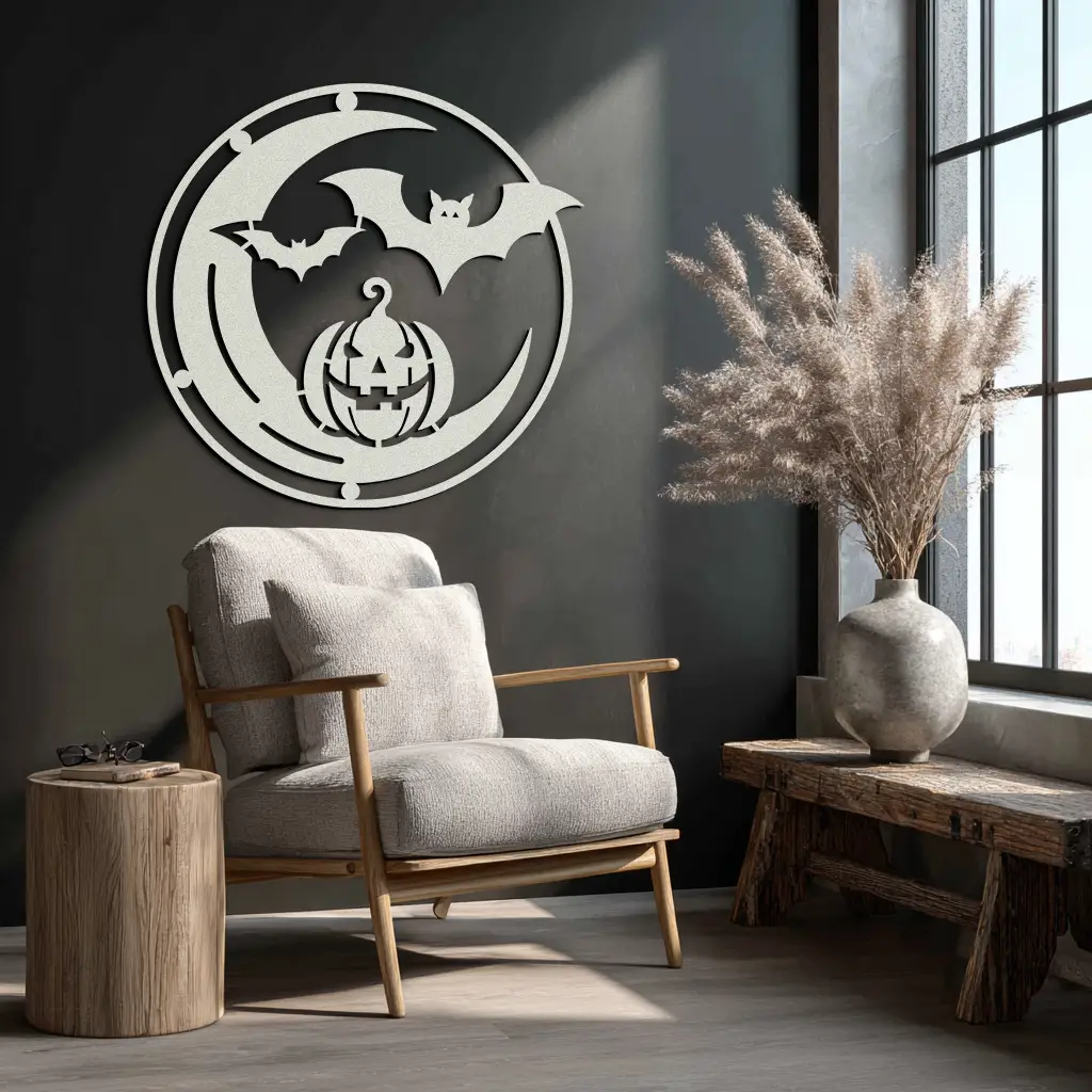 Halloween Bat Pumpkin Metal Wall Art – Spooky Jack-O'-Lantern Steel Decor- KAF371 by Enova Art