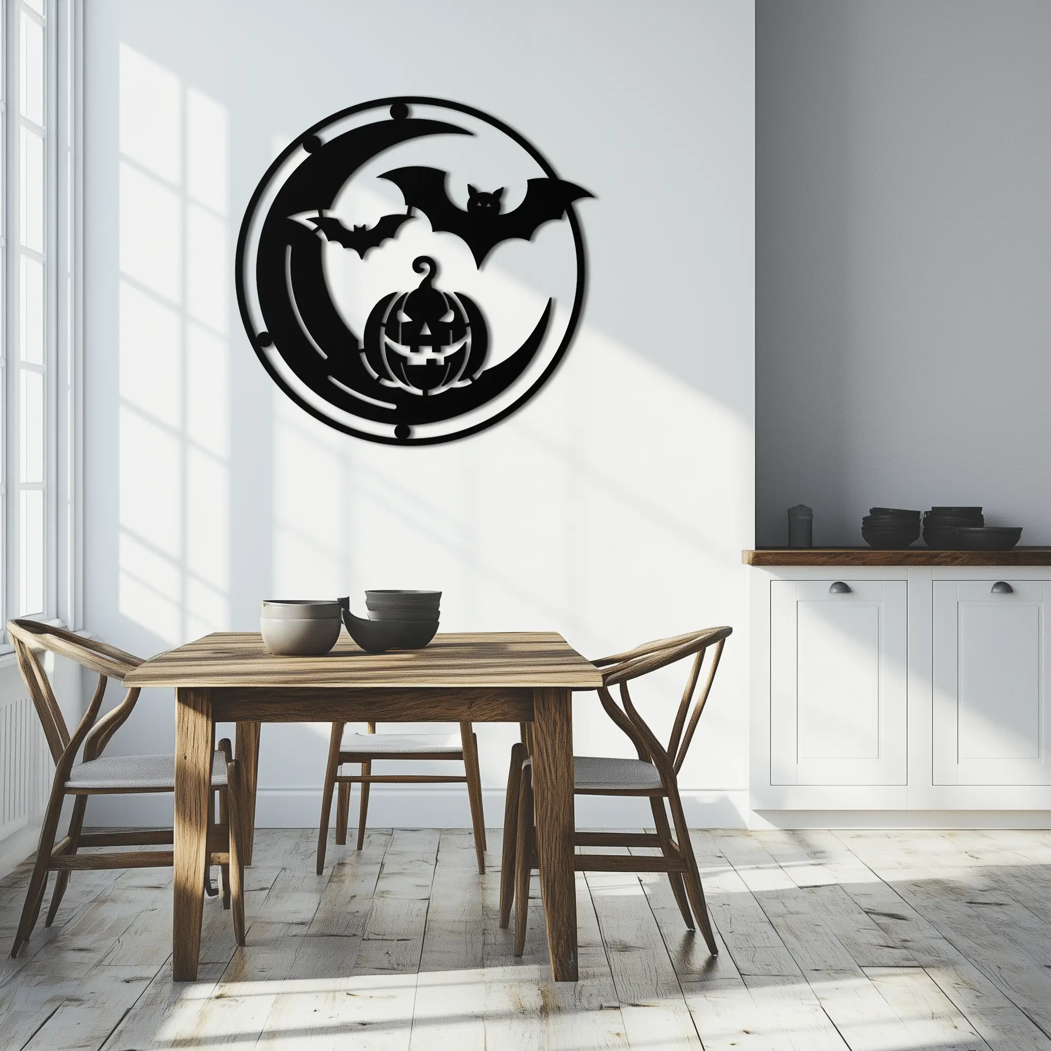 Halloween Bat Pumpkin Metal Wall Art – Spooky Jack-O'-Lantern Steel Decor- KAF371 by Enova Art