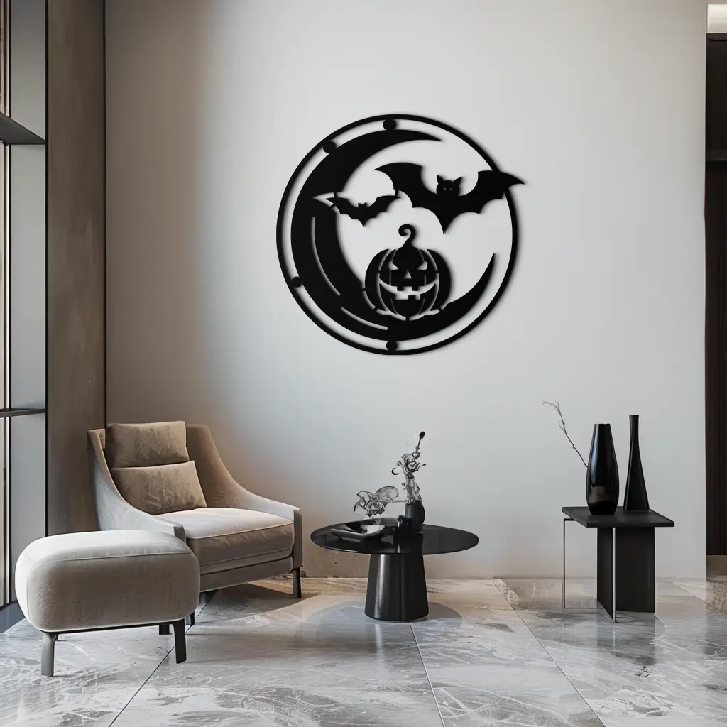 Halloween Bat Pumpkin Metal Wall Art – Spooky Jack-O'-Lantern Steel Decor- KAF371 by Enova Art