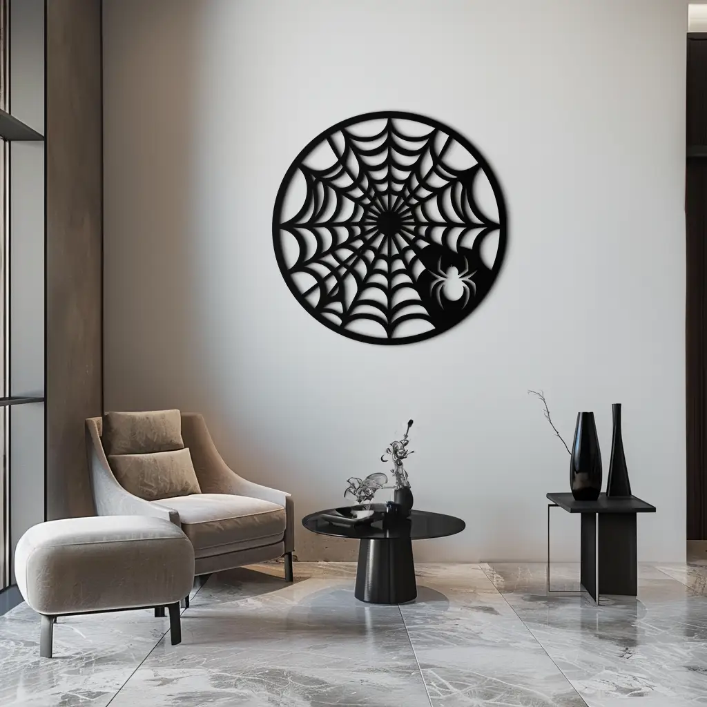 Spider Web Metal Wall Art – Round Halloween Spider Decoration- KAF372 by Enova Art