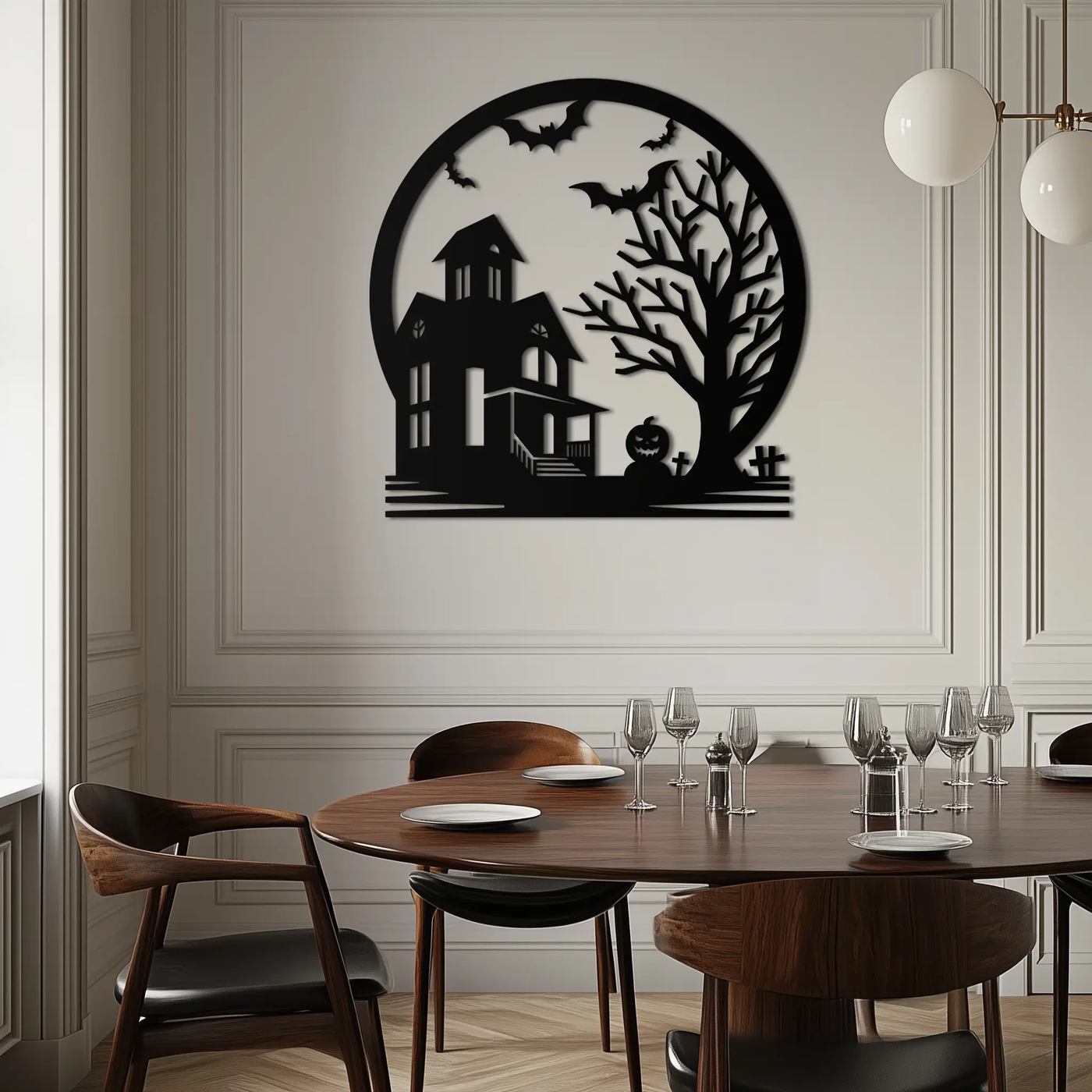 Haunted House & Bat Scene Metal Wall Art – Spooky Halloween Decor- KAF373 by Enova Art